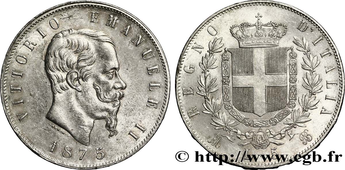ITALIA 5 Lire Victor Emmanuel II 1875 Milan EBC60 