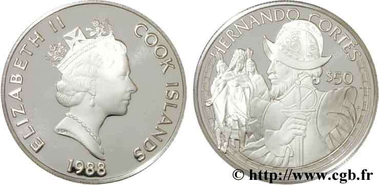 ISLAS COOK 50 Dollars ‘proof’ Elisabeth II / grands explorateurs Hernando Cortes 1988  FDC 