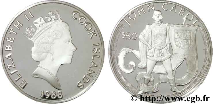 ISLAS COOK 50 Dollars ‘proof’ Elisabeth II / grands explorateurs John Cabot 1988  FDC 