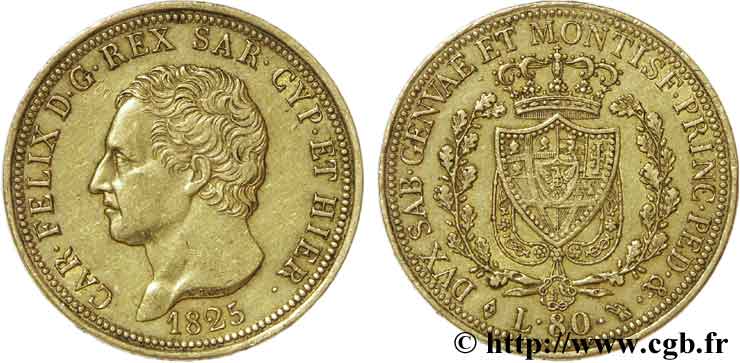 ITALY - KINGDOM OF SARDINIA 80 Lire or Charles Félix roi de Sardaigne 1825 Turin XF45 