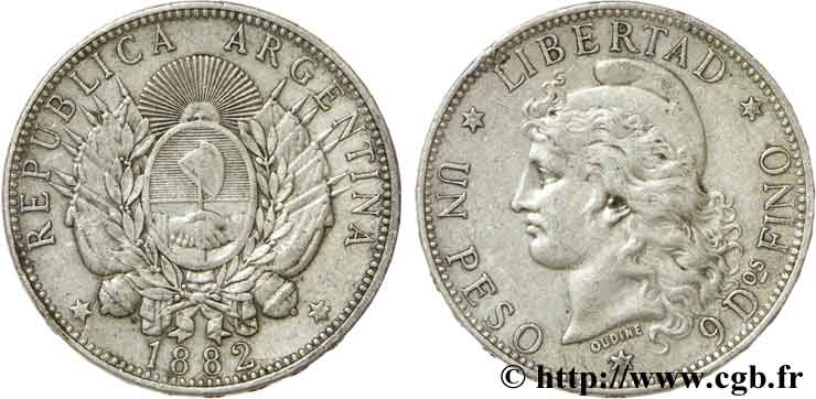 ARGENTINA 1 Peso Liberté au bonnet / emblème 1882 Birmingham VF 