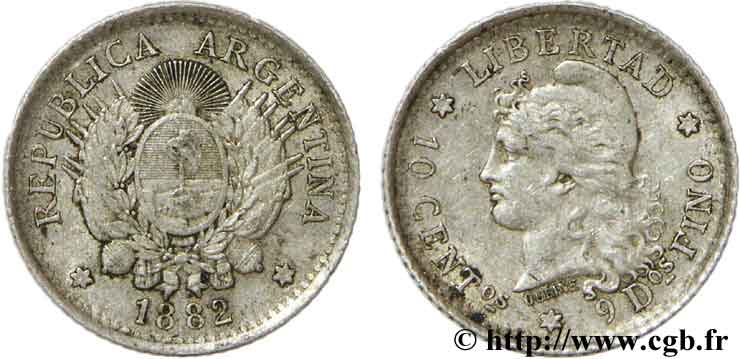 ARGENTINIEN 10 Centavos Liberté au bonnet / emblème 1882  SS 