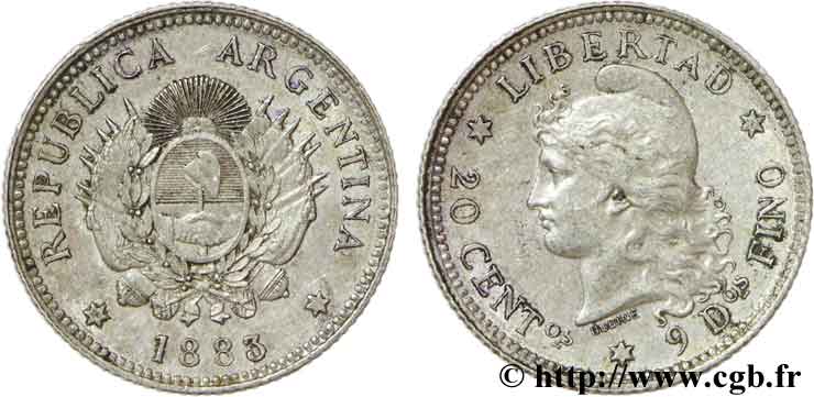 ARGENTINIEN 20 Centavos Liberté au bonnet / emblème (1883/2) 1883  fVZ 
