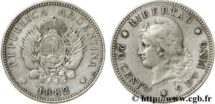 ARGENTINA 20 Centavos 1882  VF 