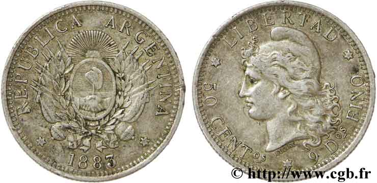 ARGENTINA 50 Centavos Liberté au bonnet / emblème  1883  MBC 