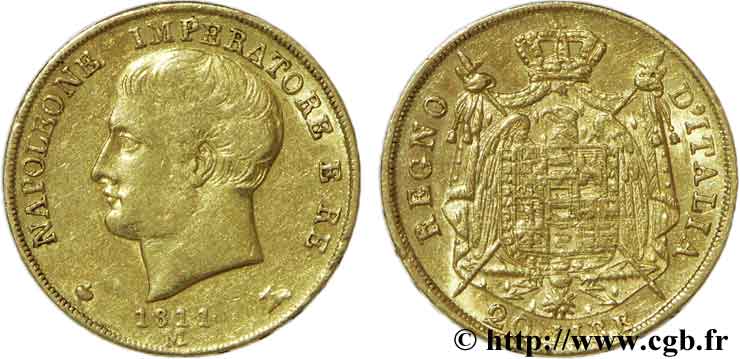 ITALY - KINGDOM OF ITALY - NAPOLEON I 20 Lire Napoléon Empereur et Roi  1811 Milan AU58 