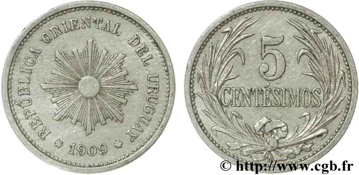 URUGUAY 5 Centesimos soleil 1909 Paris - A q.SPL 