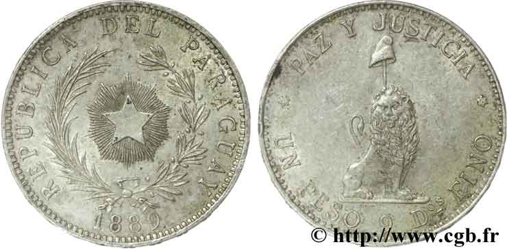 PARAGUAY 1 Peso étoile / lion et pique surmontée d’un bonnet phrygien 1889  VZ 