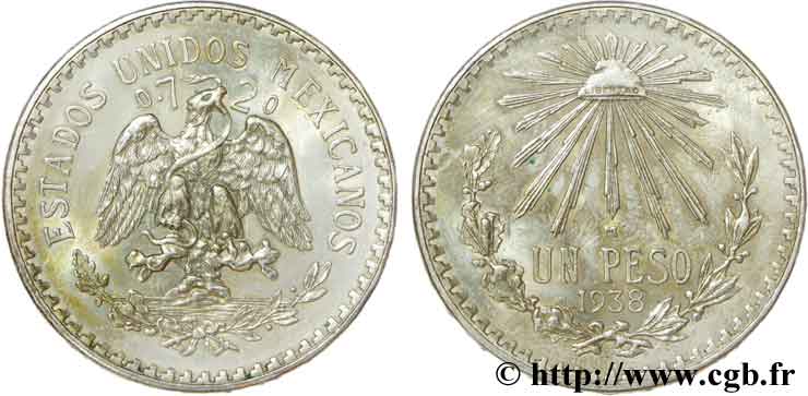 MEXICO 1 Peso aigle / bonnet phrygien et rayons 1938 Mexico AU 