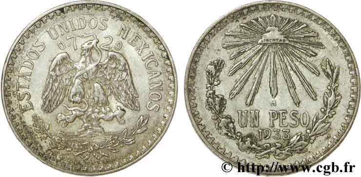 MÉXICO 1 Peso aigle / bonnet phrygien et rayons 1933 Mexico MBC 