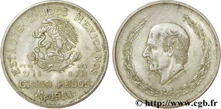 MEXICO 5 Pesos Miguel Hidaldo y Costilla / aigle 1951 Mexico AU 