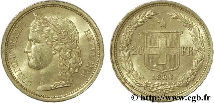 SWITZERLAND 20 Francs or buste diadémé d Helvetia / croix suisse 1886 Berne - B AU55 