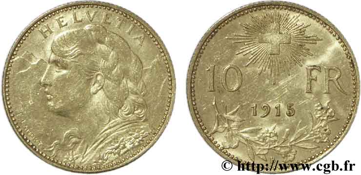 SUISSE 10 Francs or  Vreneli  Buste diadémé d Helvetia / Croix suisse 1915 Berne - B TTB54 