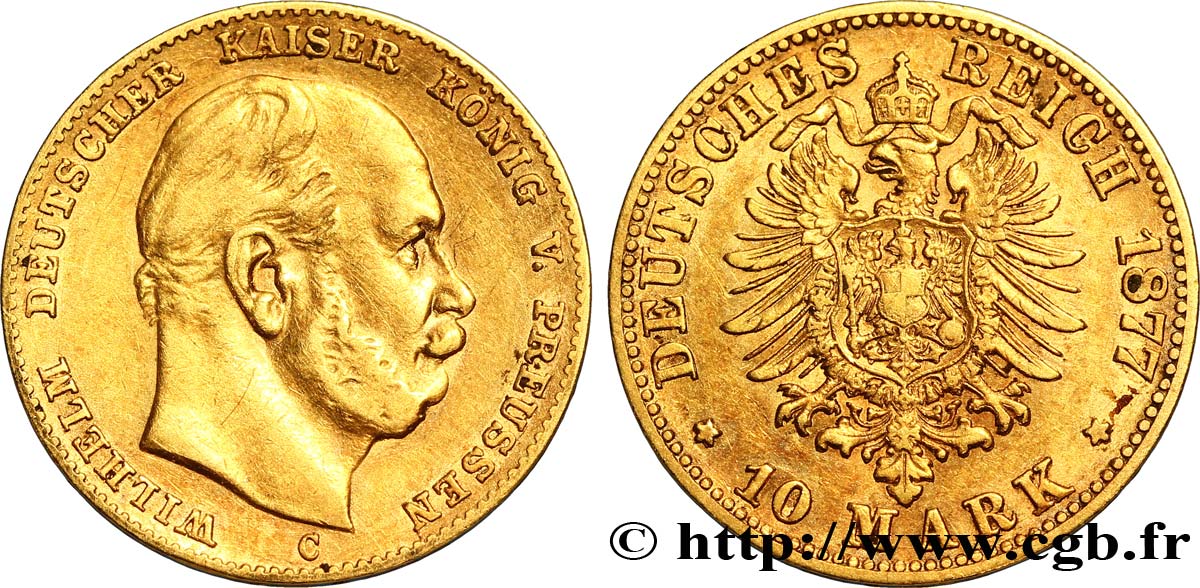 GERMANY - PRUSSIA 10 Mark Guillaume empereur d Allemagne, roi de Prusse, 2e type 1877 Berlin XF40 