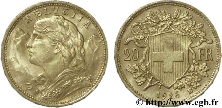 SWITZERLAND 20 Francs or  Vreneli  jeune fille / croix suisse 1926 Berne - B AU58 