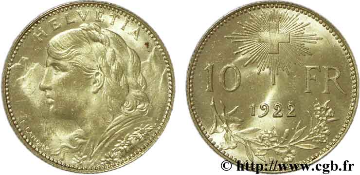 SWITZERLAND 10 Francs or  Vreneli  1922 Berne MS60 