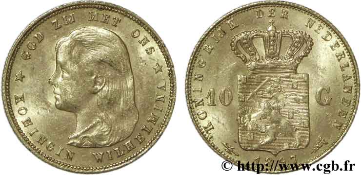 NETHERLANDS 10 Gulden or Reine Wilhelmina 1897 Utrecht AU56 