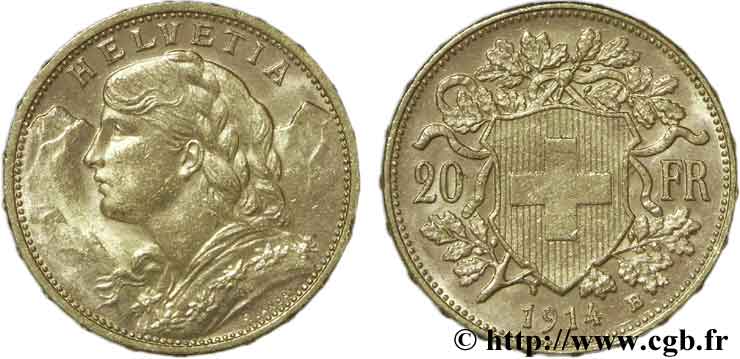 SWITZERLAND 20 Francs or  Vreneli  jeune fille / croix suisse 1914 Berne - B AU58 