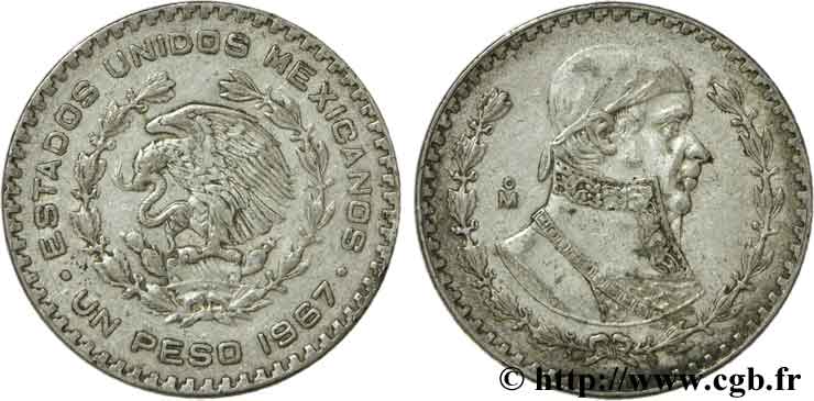 MEXICO 1 Peso Jose Morelos y Pavon / aigle 1967 Mexico VF 