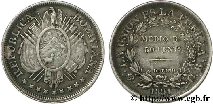 BOLIVIA 50 Centavos (1/2 Boliviano) emblème 1891 Potosi MBC 