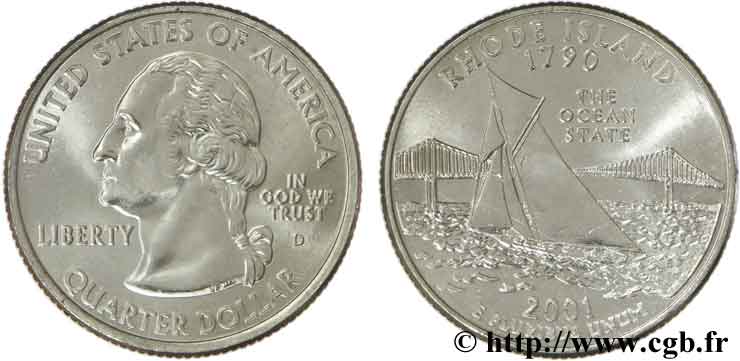 ESTADOS UNIDOS DE AMÉRICA 1/4 Dollar Rhode Island :  The Ocean state  Narragansett Bay et le pont de Pell 2001 Denver SC 