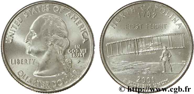UNITED STATES OF AMERICA 1/4 Dollar Caroline du Nord :  First Flight , premier vol en avion à Kitty Hawk en 1903 2001 Philadelphie MS 