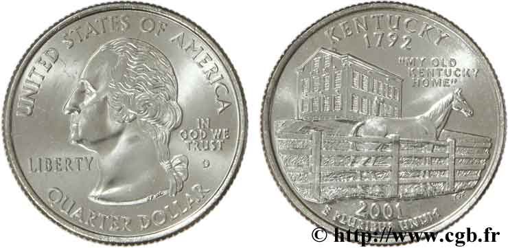 UNITED STATES OF AMERICA 1/4 Dollar Kentucky :  My Old Kentucky Home , cheval de course 2001 Denver MS 