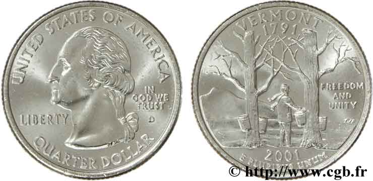 UNITED STATES OF AMERICA 1/4 Dollar Vermont : récolte du sirop d’érables 2001 Denver MS 
