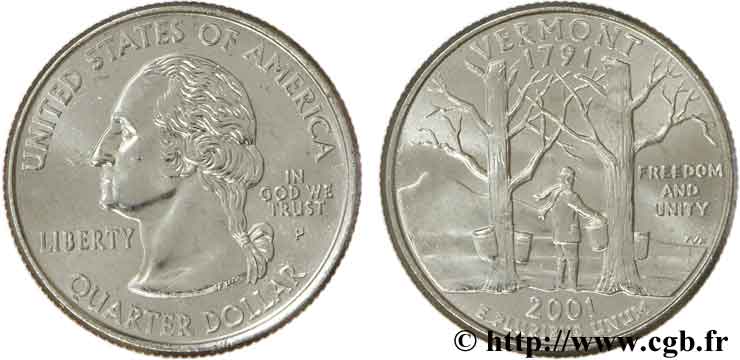 UNITED STATES OF AMERICA 1/4 Dollar Vermont : récolte du sirop d’érables 2001 Philadelphie MS 