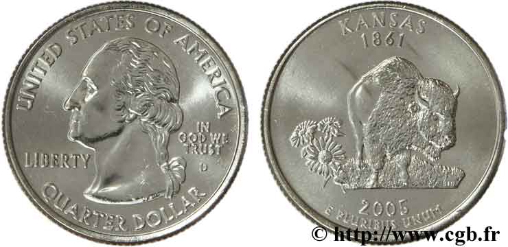 STATI UNITI D AMERICA 1/4 Dollar Kansas : bison et fleurs de tournesol 2005 Denver MS 