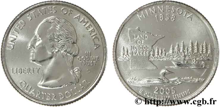 UNITED STATES OF AMERICA 1/4 Dollar Minesota :  Land of 10,000 Lakes  lac, canard et barque avec pêcheur 2005 Denver MS 