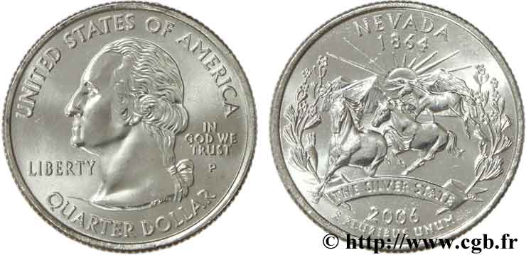 ÉTATS-UNIS D AMÉRIQUE 1/4 Dollar Nevada :  The Silver State  mustangs sur fond de montagne 2006 Philadelphie SPL 