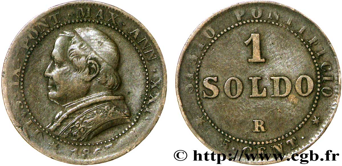 VATICAN AND PAPAL STATES 1 Soldo (5 centesimi) Pie IX an XXI type buste large 1867 Rome VF 