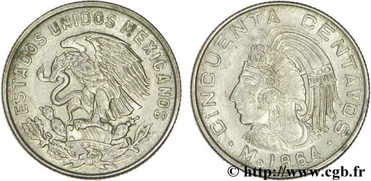 MEXICO 50 Centavos aigle / roi Cuauhtemoc 1964 Mexico AU 