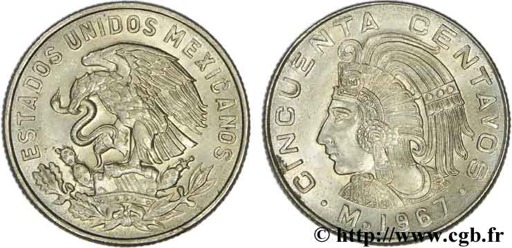 MEXICO 50 Centavos aigle / roi Cuauhtemoc 1967 Mexico AU 