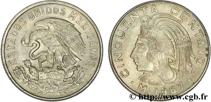 MEXICO 50 Centavos aigle / roi Cuauhtemoc 1967 Mexico AU 