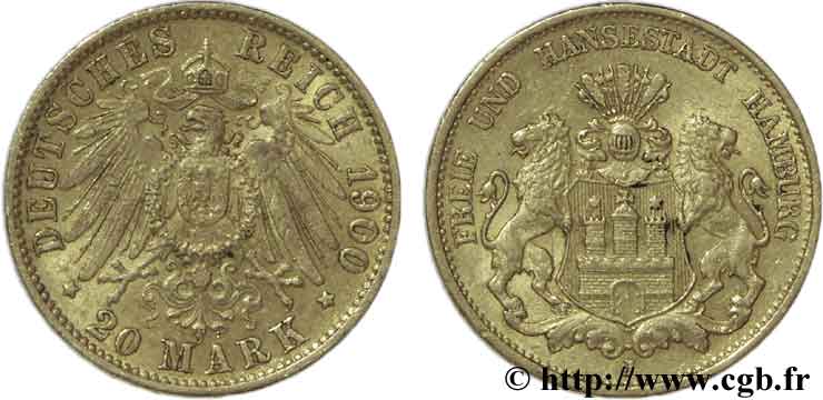 GERMANIA - LIBERA CITTA DE AMBURGO 20 Mark or, 3e type Ville libre de Hambourg / aigle impérial 1900 Hambourg - J BB50 