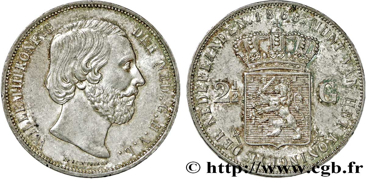 PAYS-BAS - ROYAUME DES PAYS-BAS - GUILLAUME III 2 1/2 Gulden  1868 Utrecht SUP 