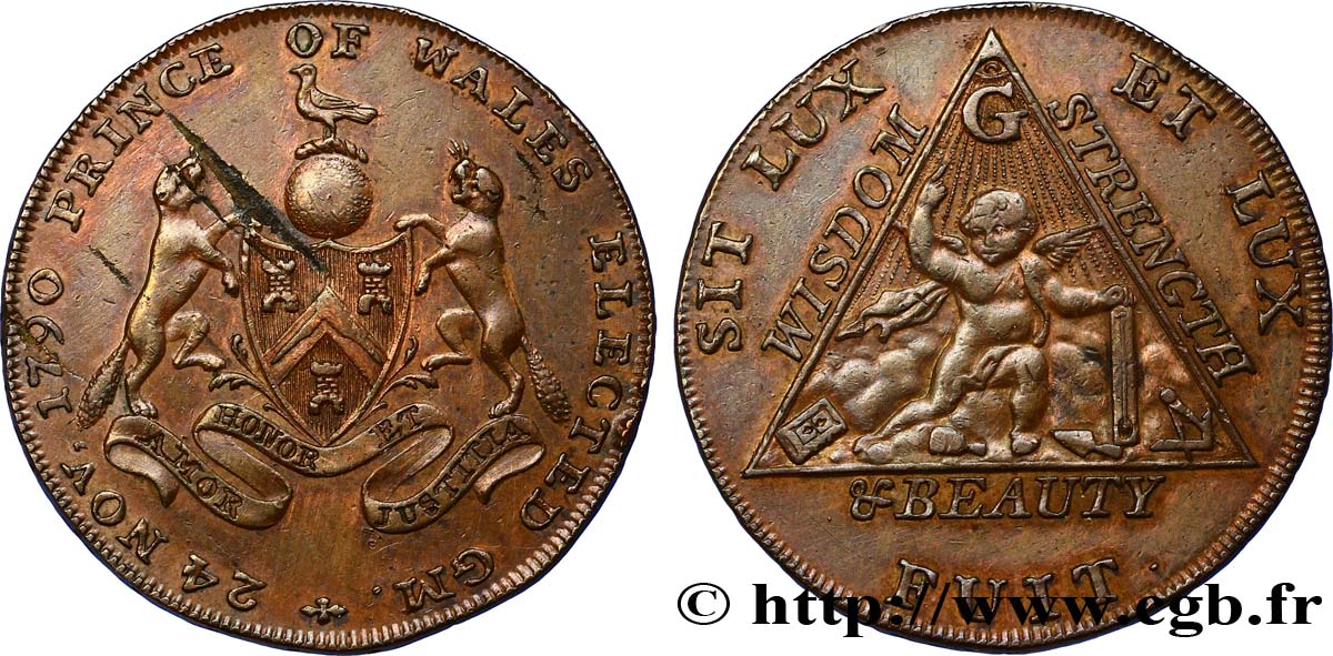 REINO UNIDO (TOKENS) 1/2 Penny token franc-maçonnique du Middlesex pour l’élévation du Prince de Galles au titre de Grand-Maître 1790  EBC55 