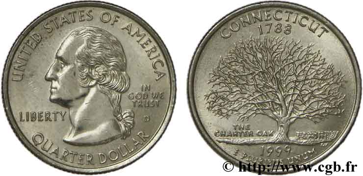 UNITED STATES OF AMERICA 1/4 Dollar Connecticut : chêne  The Charter Oak  1999 Denver AU 