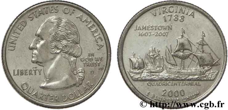 UNITED STATES OF AMERICA 1/4 Dollar Virginie : arrivée des navires Susan Constant, Godspeed et Discovery le 12 mai 1607 à Jamestown dans la baie de Chesapeake 2000 Denver AU 