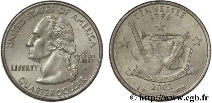 ESTADOS UNIDOS DE AMÉRICA 1/4 Dollar Tennessee :  Musical Heritage  violon, guitare, trompette et partition 2002 Philadelphie - P EBC 