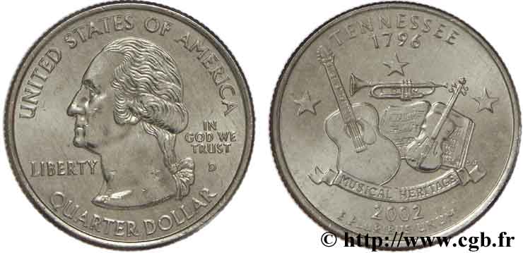 ESTADOS UNIDOS DE AMÉRICA 1/4 Dollar Tennessee :  Musical Heritage  violon, guitare, trompette et partition 2002 Denver EBC 