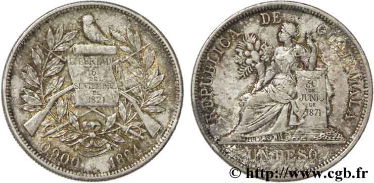 GUATEMALA 1 Peso emblème au quetzal / figure allégorique 1894 Heaton MBC 