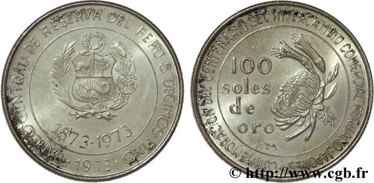 PERU 100 Soles de oro emblème / centenaire des relations entre le Japon et le Pérou 1971 Lima SPL 