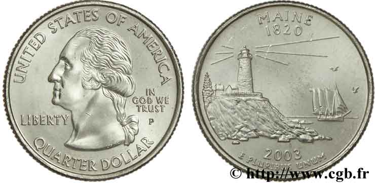ESTADOS UNIDOS DE AMÉRICA 1/4 Dollar Maine : phare de Permaquid Point et voilier ‘Victory Chimes’ 2003 Philadelphie - P SC 