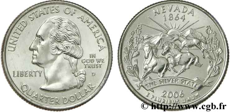 STATI UNITI D AMERICA 1/4 Dollar Nevada :  The Silver State  mustangs sur fond de montagne 2006 Denver MS 