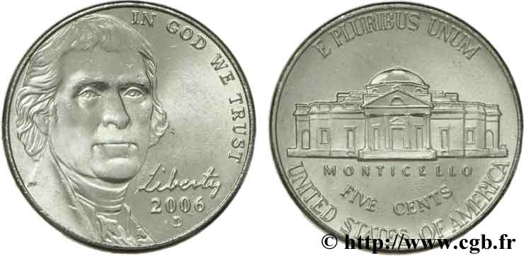 STATI UNITI D AMERICA 5 Cents président Thomas Jefferson d’après Rembrandt Peale / Monticello 2006 Denver MS 