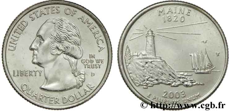 STATI UNITI D AMERICA 1/4 Dollar Maine : phare de Permaquid Point et voilier ‘Victory Chimes’ 2003 Denver MS 
