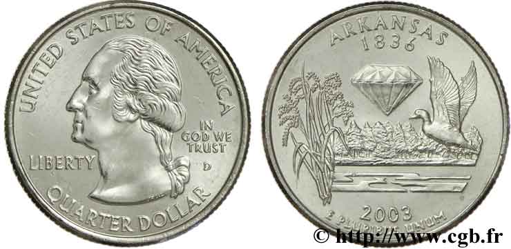 STATI UNITI D AMERICA 1/4 Dollar Arkansas : plant de riz, canard et diamant 2003 Denver MS 